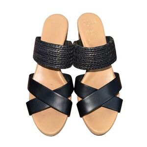 UGG Adriana Black Womens 8.5 Pre-Owned Leather Woven Wedge Platform Sandals